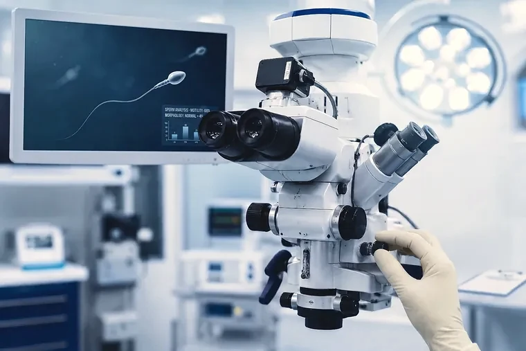 An operating microscope beside a monitor displaying a magnified spermatozoon and its analysis.