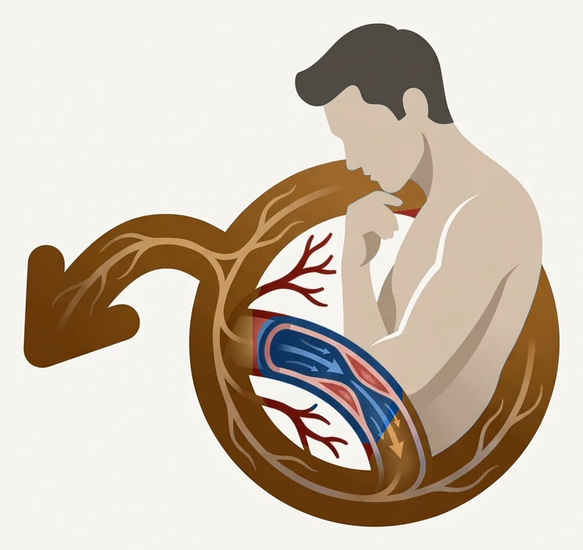 The male symbol drawn as a blood vessel: an arterial tree branching inside the ring, and a cut section of the vessel showing blood arriving and draining away.
