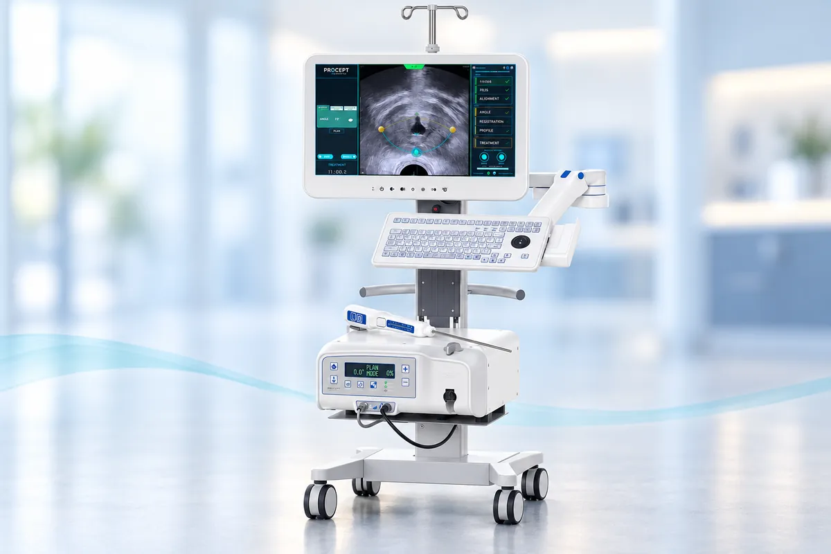 The AquaBeam robotic system: a wheeled console carrying a large planning screen showing a live ultrasound image of a prostate, a keyboard, and the handpiece resting on the pump unit below.