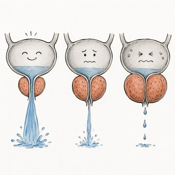 A hand-drawn watercolour illustration of bladder outlet obstruction: an enlarging prostate progressively compressing the urethra below the bladder.