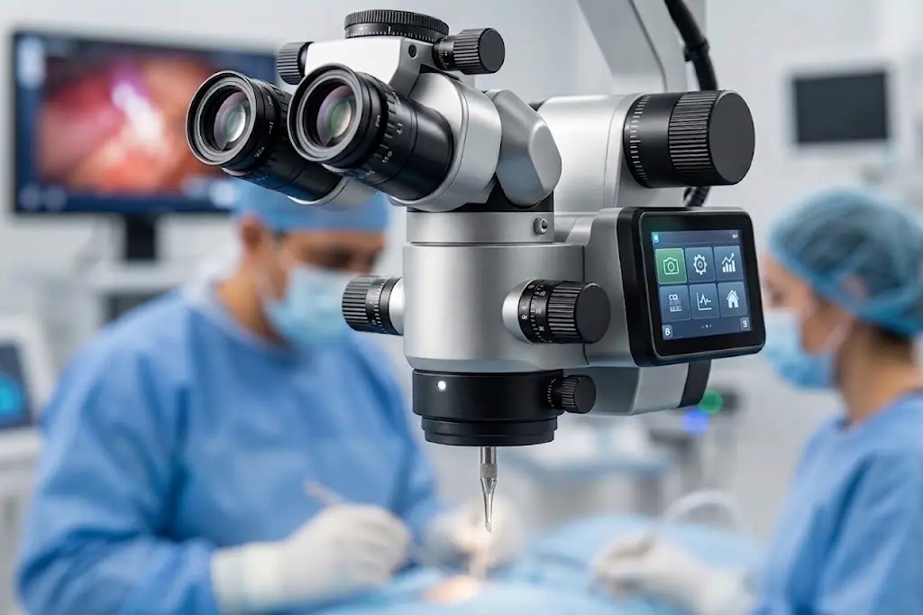 A high-powered operating microscope positioned over a surgical field.