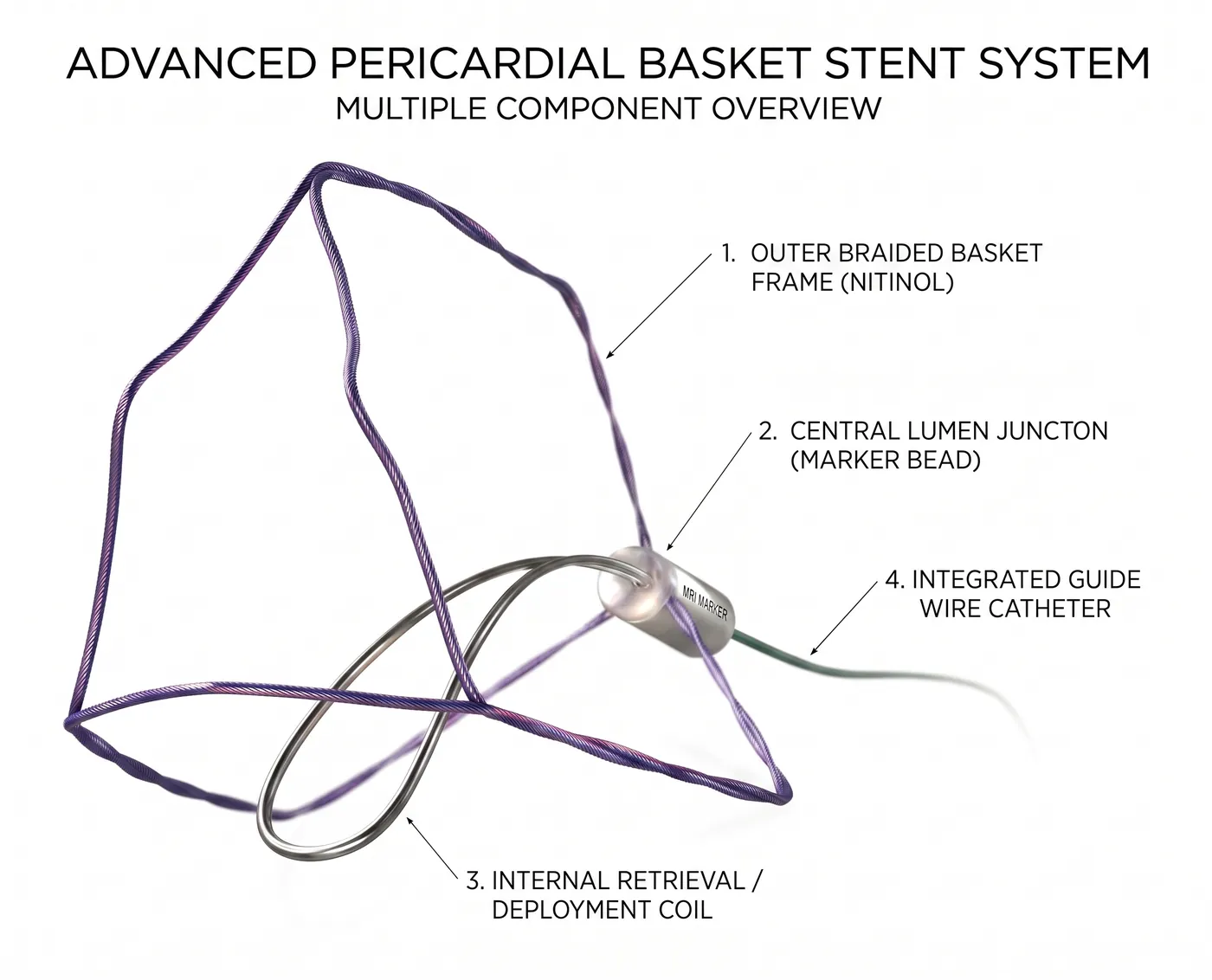 A medical illustration of a braided nitinol device: three struts forming an open frame, meeting at a small central marker bead, with a retrieval loop below and a fine delivery wire leading away.